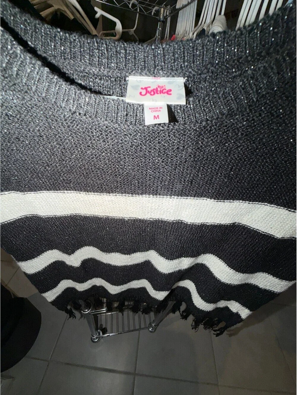 Justice Girls Medium Black White Striped Fringe Poncho Sweater